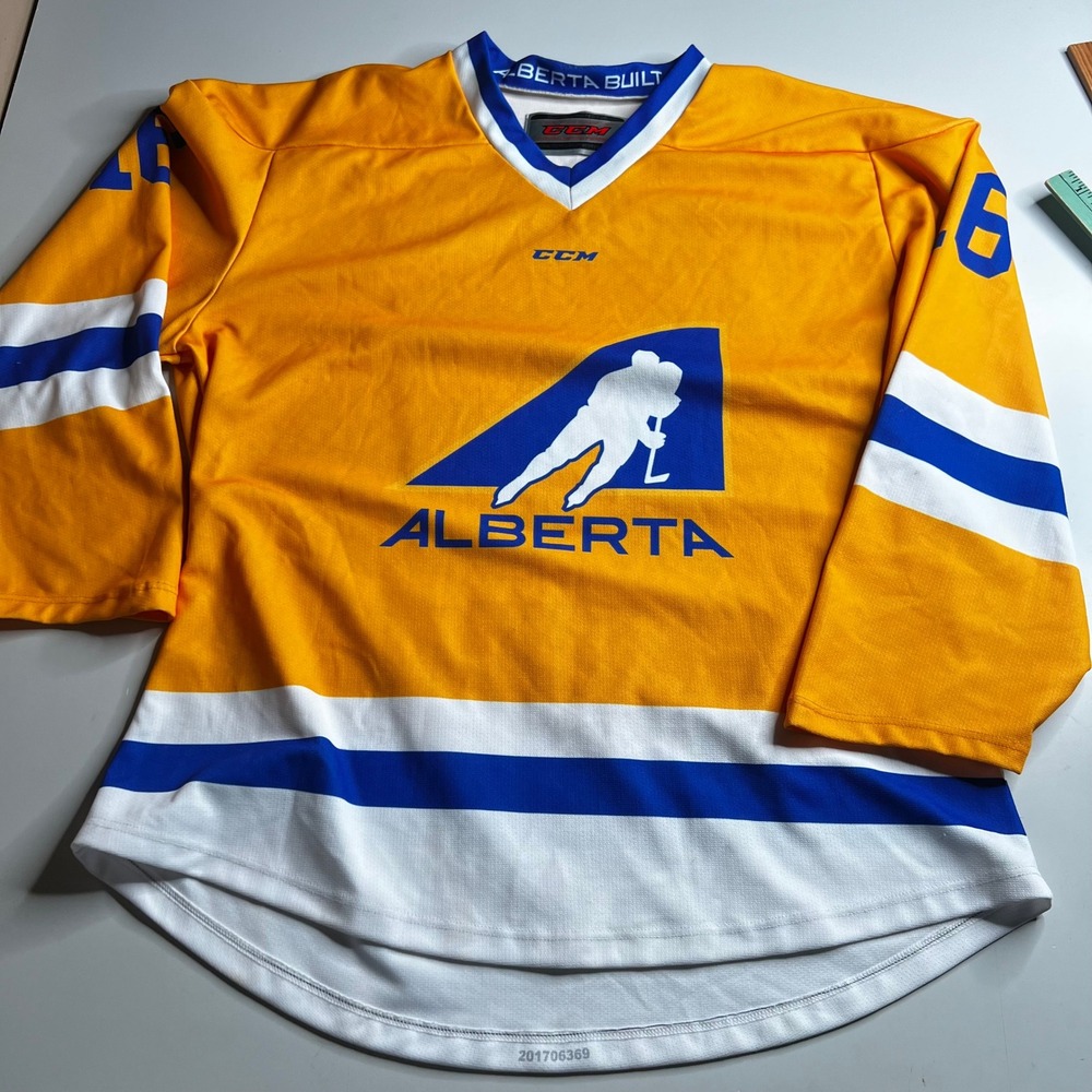 CCM Team‎ Alberta Hockey Jersey Yellow Blue Perry 16 Signed Size Large